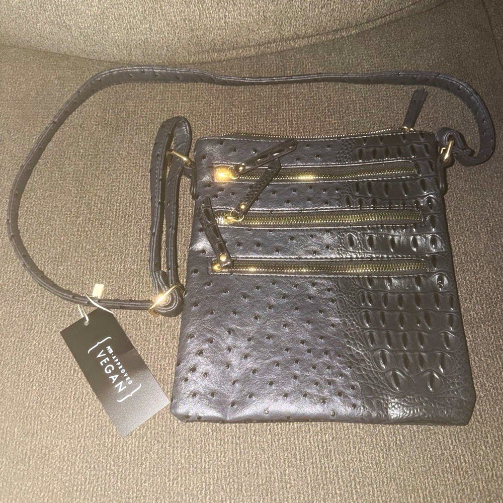 Gray Faux Leather Croc Embossed Crossbody Bag Zip Detachable Strap Gold